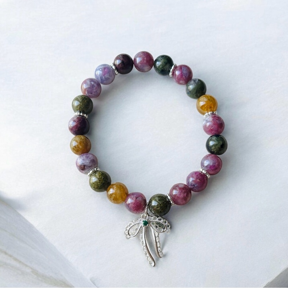 Rainbow tourmaline  Beaded Bracelet with Silver Bow Charm